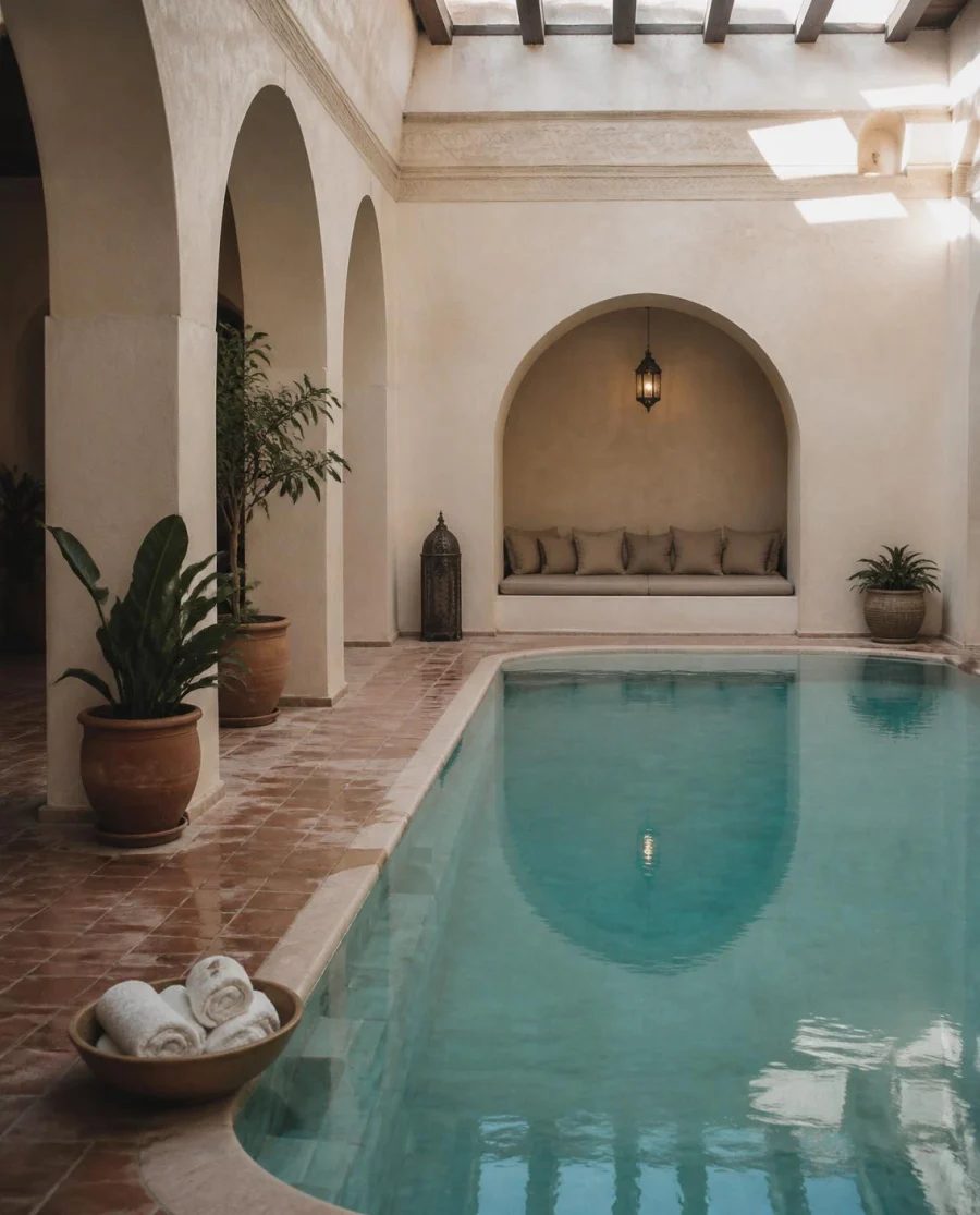 Ruhiges Spa-Becken mit Bogennischen und Tageslicht, ohne Menschen.
