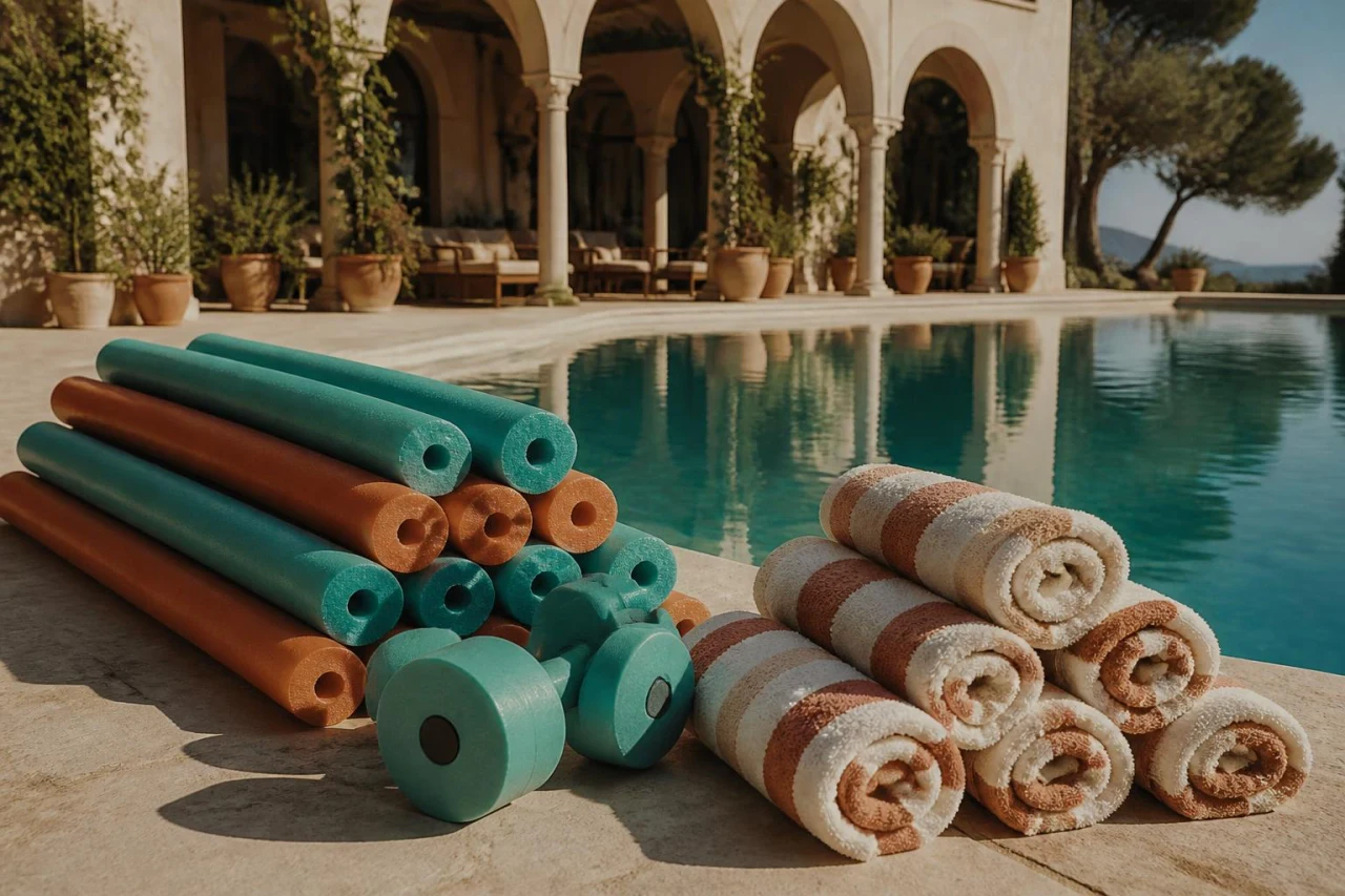 Schwimmnudeln, Wasserhanteln und gestreifte Handtücher liegen bereit am Rand eines Hotelpools.